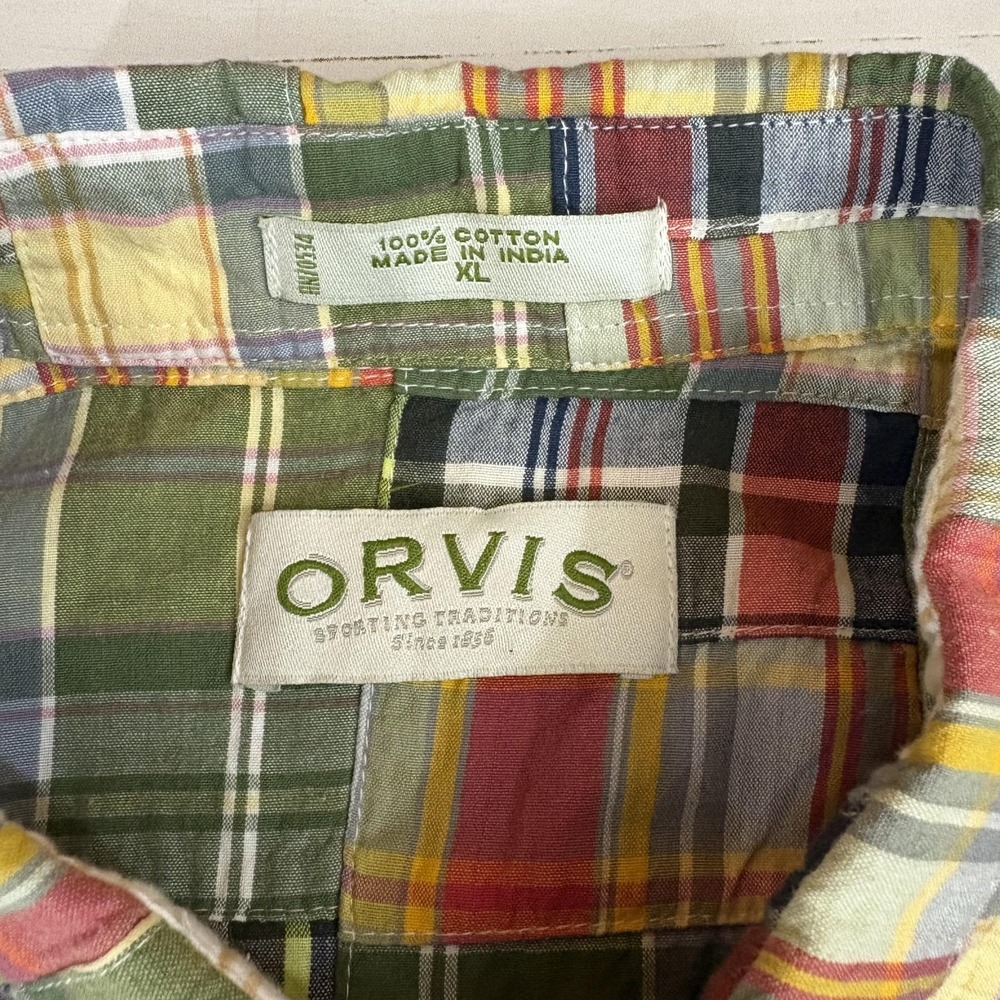 Orvis Madras Patchwork Shirt Mens XL Multicolor Plaid Short Sleeve Cotton - Picture 4 of 7